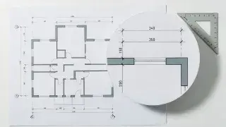 Magnified blueprint dimension detail beside a residential floor plan and scale ruler.