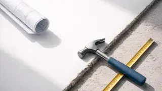 Building construction process tools: blueprint roll, hammer, and measuring tape on concrete.