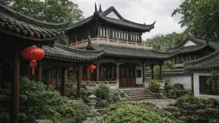 Traditional Chinese courtyard architecture with curved tiled roofs, timber columns, lanterns, and garden walls.