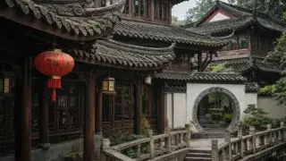 Traditional Chinese house with curved tiled roof, carved woodwork, moon gate, and lantern detail.
