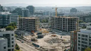 Urban jobsite overview showing concrete structures, site staging, and debris piles.