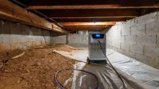 Crawl space dehumidifier running beside exposed soil and a partial ground liner.