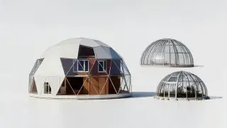 Geodesic dome house with glass dome and greenhouse dome variations.