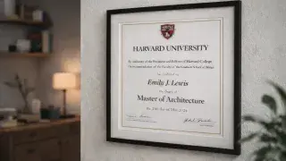 Framed Master of Architecture degree on wall in modern studio-style room.