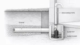 French drain connected to a sump pump pit showing gravel bed, perforated drain pipe, and discharge pipe.