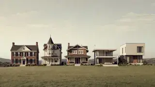 Historic and modern house styles arranged in a broad visual timeline across centuries.