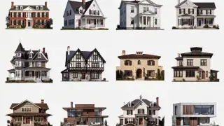 Comparison plate of major house styles from historic revivals to modern residential design.`