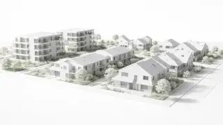 Architectural neighborhood model showing mixed housing types.