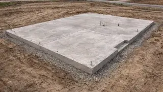 Residential slab-on-grade foundation with anchor bolts, plumbing rough-ins, and gravel perimeter base on graded lot.