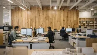 Three architects working in a small architecture studio.