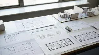 Space planning study with floor plans, bubble diagrams, and architectural study models on a studio desk.
