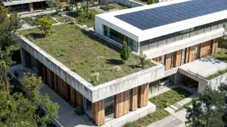 Sustainable building with green roof and rooftop solar panels.