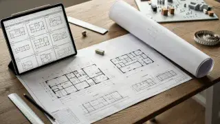 Tablet showing current drawings with rolled architectural plans on a wooden desk.