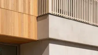 Facade junction combining timber cladding, vertical screening, and light mineral-finish wall surfaces.
