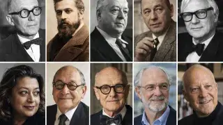 Portrait collage representing ten influential architects from different eras of architecture.