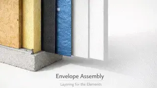 Exterior wall assembly layer order showing cladding, WRB, insulation, sheathing, and framing.