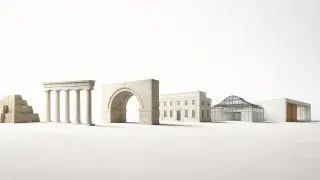 Architectural history sequence showing ancient, classical, arch, industrial glass, and modern forms.