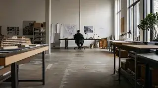 Architect working alone in a bright architecture studio with models, drawings, and drafting tables.