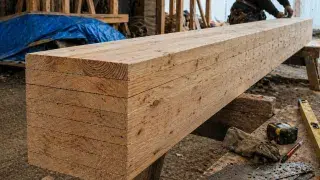 Glue-laminated timber beam on supports in a workshop with visible laminations and tools nearby.