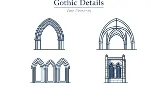 Gothic architectural details showing pointed arches, layered arch profiles, and a facade bay fragment.