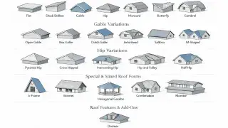 Chart showing main roof types, gable variations, hip variations, special roof forms, and dormer roof features.