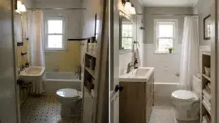 Before and after comparison of a small 1940s bathroom with dated tile, weak lighting, worn floor, improved storage, brighter finishes, and better fixtures.