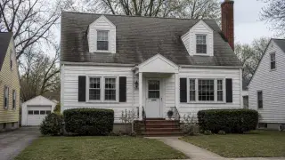 1940s Cape Cod-style house with white siding, dormers, brick chimney, and modest front entry.