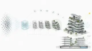 AI design workflow header showing data streams becoming building options, performance checks, and a final sustainable building concept.