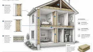 House section diagram showing mineral wool insulation in exterior walls, interior partitions, floor cavities, and attic framing.