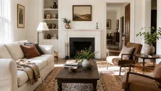 Sunlit modern traditional living room with a classic sofa, clean-lined chairs, wood coffee table, patterned rug, fireplace mantel, framed art, plants, and warm natural light.