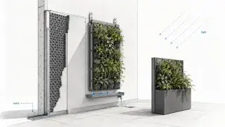 The left blue “water” path is slightly confusing if it is meant to be drainage, because it appears to rise up the wall. It can still work if read as irrigation supply, but the clearest water logic is the tray under the green wall and the drain line to the floor.