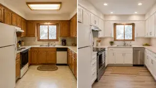 1980s kitchen before and after with painted cabinets, updated counters, backsplash, lighting, and flooring.