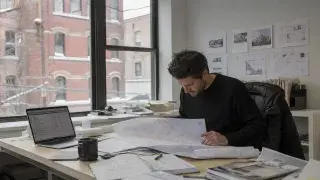 Architect reviewing drawings and monthly budget notes in a modest Montreal office.