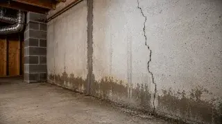 Foundation crack inspection on an unfinished concrete basement wall with moisture staining and rough concrete texture.