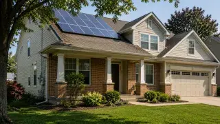 Modern suburban house with rooftop solar panels, partial tree shade, utility service, and site conditions affecting renewable energy design.