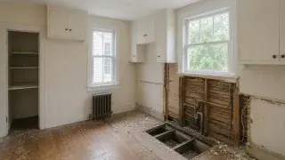 1910s kitchen demolition exposing damaged flooring, plumbing, wiring, wood lath, and localized framing repairs.