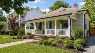 American bungalow with deep front porch, low roof, and modest front yard.