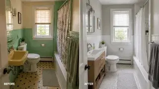 Before and after Cape Cod bathroom remodel with old green tile and updated compact bathroom.