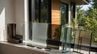 Glass samples and window frame options arranged beside a modern residential window.