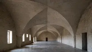Stone hall with repeated groin vaults spanning an open floor between heavy masonry supports.