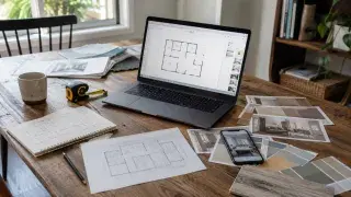 Home design planning desk with laptop floor plan, room photos, swatches, sketch, and measuring tape.