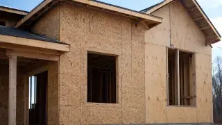 OSB and plywood exterior wall sheathing panels installed around window openings.