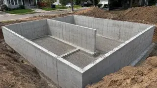 Poured-concrete basement foundation walls and interior structural footings on a residential construction site.