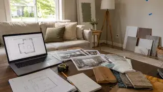 Living room design planning scene with laptop floor plan, samples, swatches, and sketches.