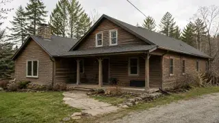 Rustic wood house with porch, stone base, gravel drive, and simple rooflines.