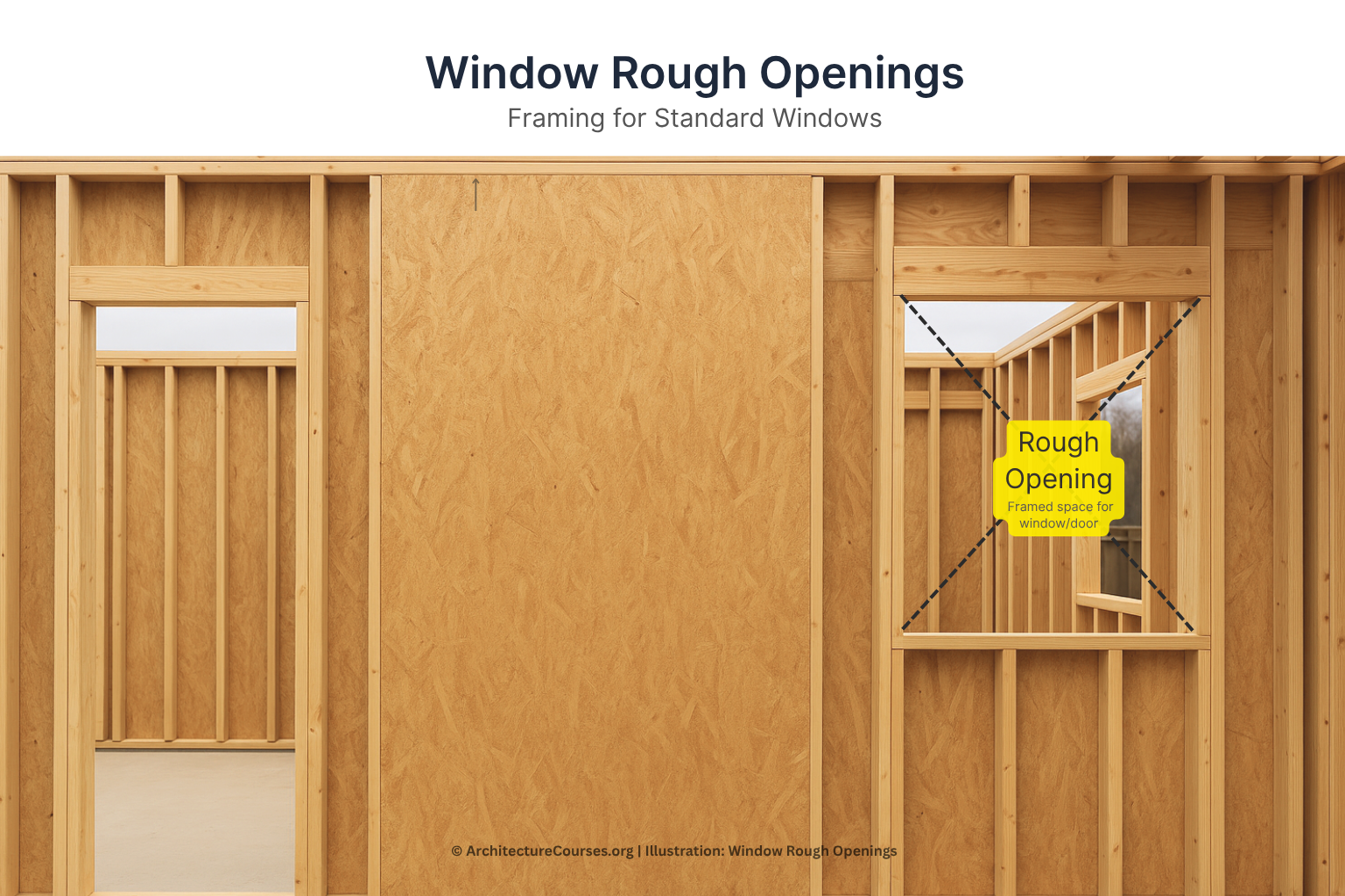 Diagram showing framing of a standard window rough opening with header and side studs.