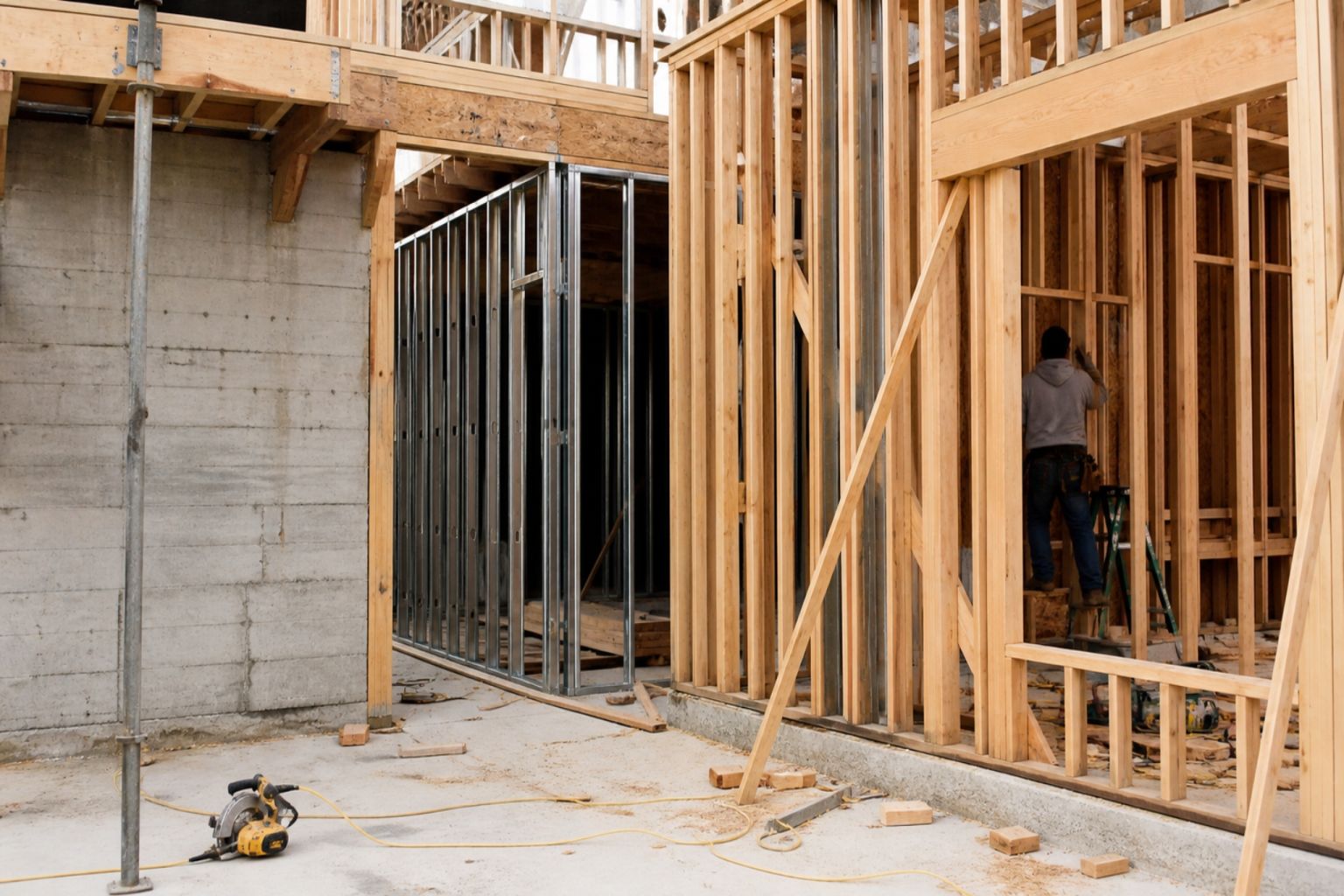 Wood framing, steel studs, and concrete wall construction shown together on a jobsite.