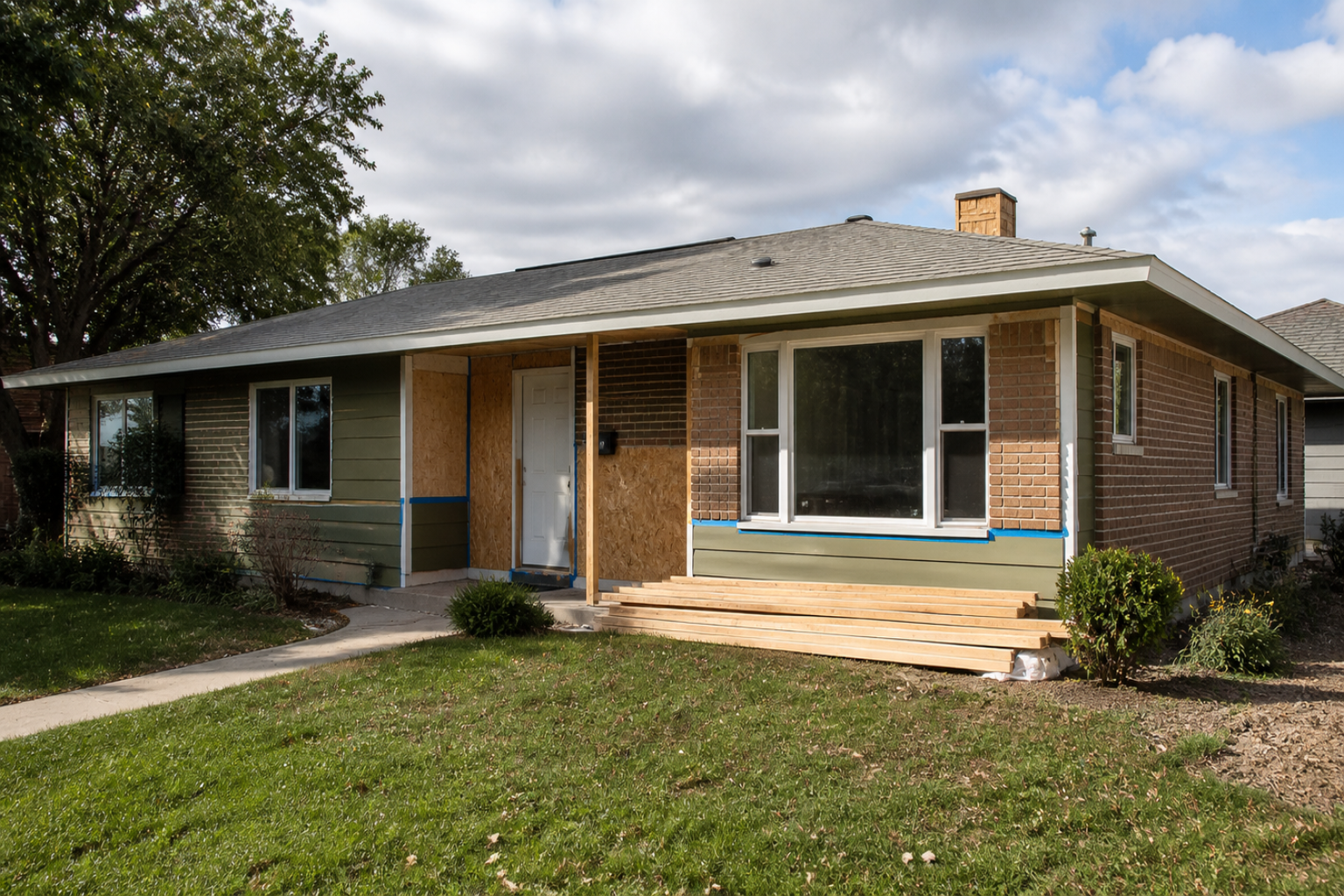 A modest 1960s ranch house exterior during a clean renovation with taped trim, new windows, plywood, and stacked lumber.