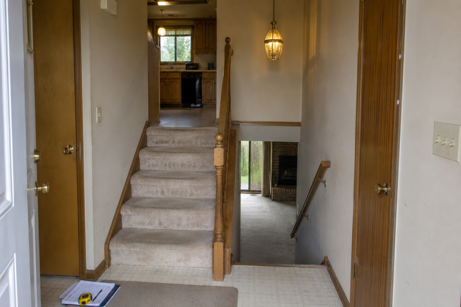 1980s split-level entry with stairs up and down, oak railing, beige carpet, brass light, and renovation notes.
