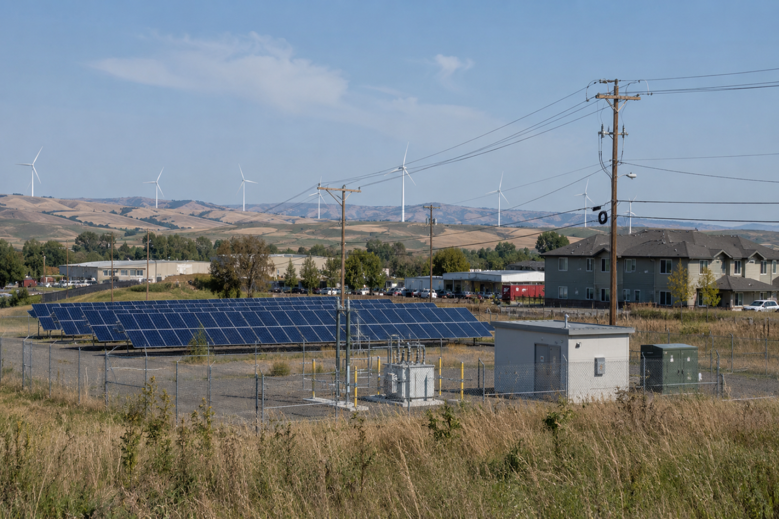 Solar panels, wind turbines, utility lines, service equipment, and nearby buildings showing how renewable energy connects to real infrastructure.